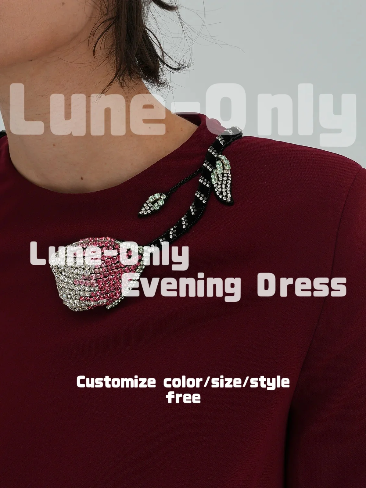 فساتين سهرة مخصصة باللون العنابي فضفاضة من الخرز الوردي وأكمام طويلة ورقبة مستديرة أنيقة للحفلات الراقصة فستان رسمي #4