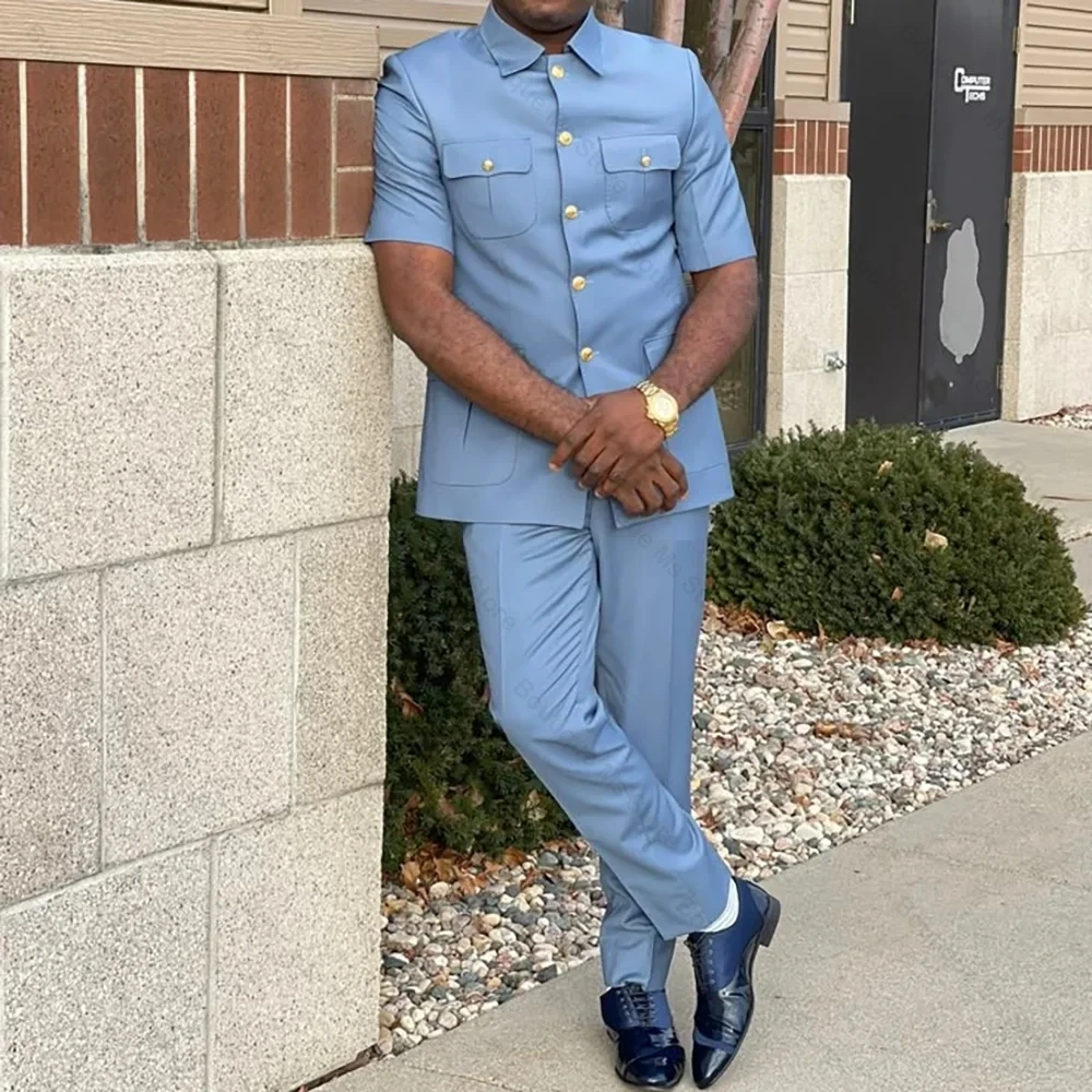 

Sky Blue Men Suits 2 Pieces Jacket+Pants Short Sleeves Single Breasted Casual Social Outfits Party Prom Wedding Custom Dresst