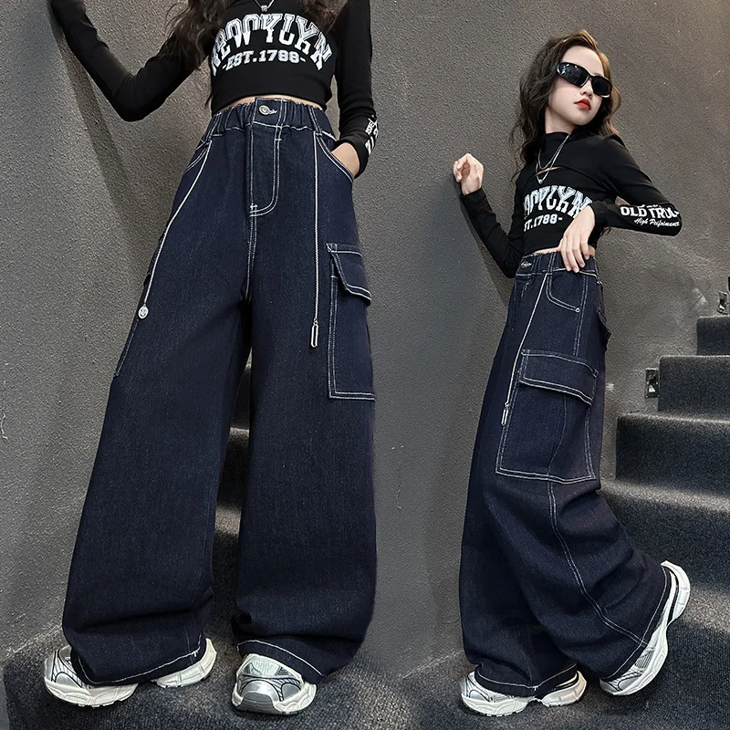 

Teenage Girls Wide Leg Cargo Jeans 2025 Autumn Fashion Kids Casual Denim Pants School Young Children Straight Baggy Trousers