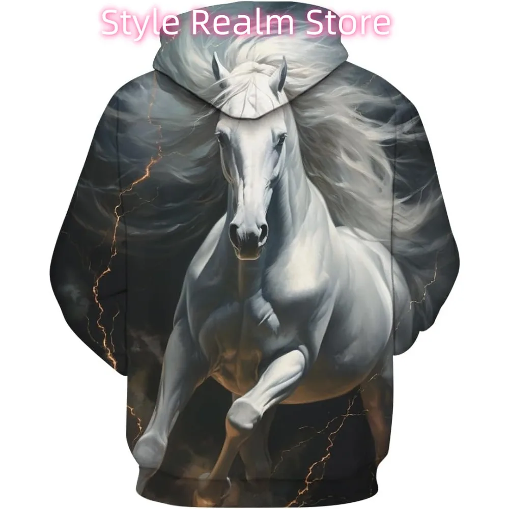 رجل الجدة الأبيض الحصان هوديس 3D نمط المطبوعة الحيوان طويلة الأكمام البلوز هوديي