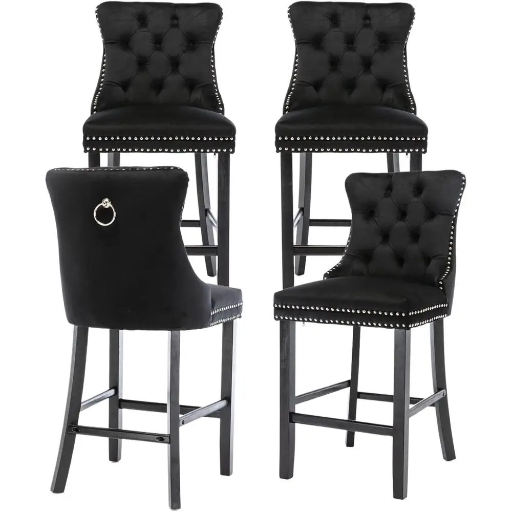 

Набор из 4 элегантных черных барных стульев из бархата с спинками, изысканная обивка, высота для кухонных островов и баров