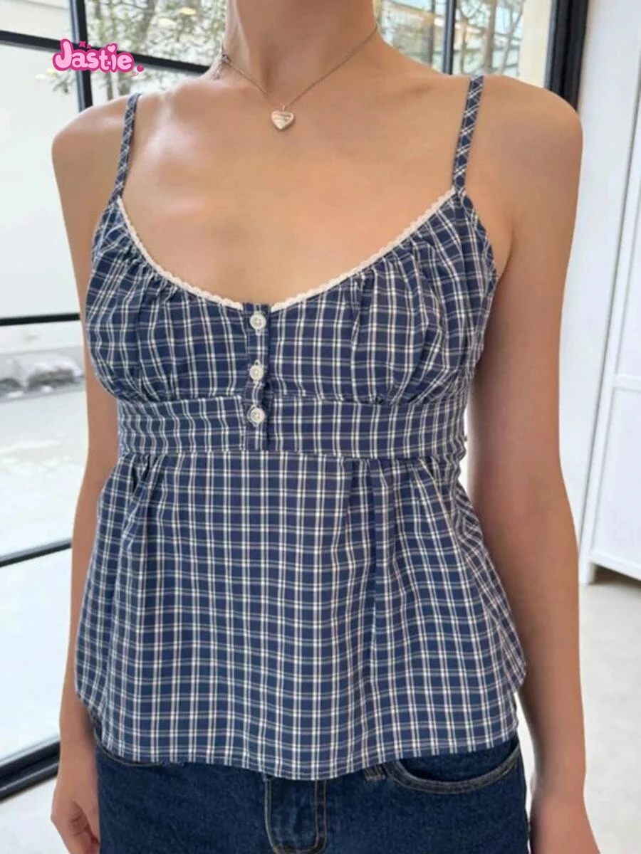 New Lace Trim Plaid Slim Tank Camis Summer Sleeveless Three Buttons Back Lace-up Blouse Vest Casual Vintage A-line Top For Woman