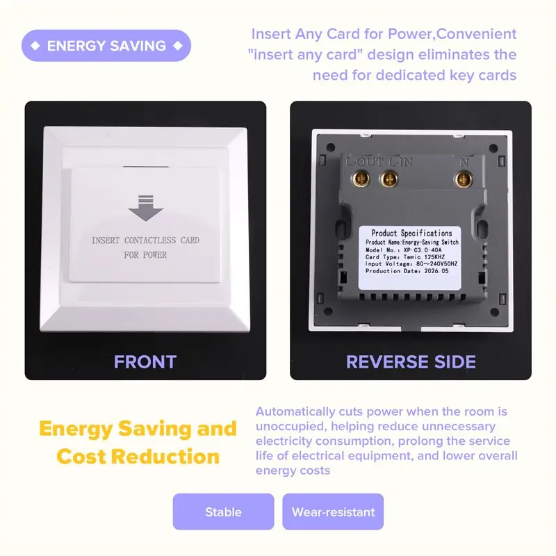 Hotel Room Card Energy Saver Switch Hotel Energy Saving Switch 220V Voltage 40A Insert For Hotel Room Electronic White-Y41A