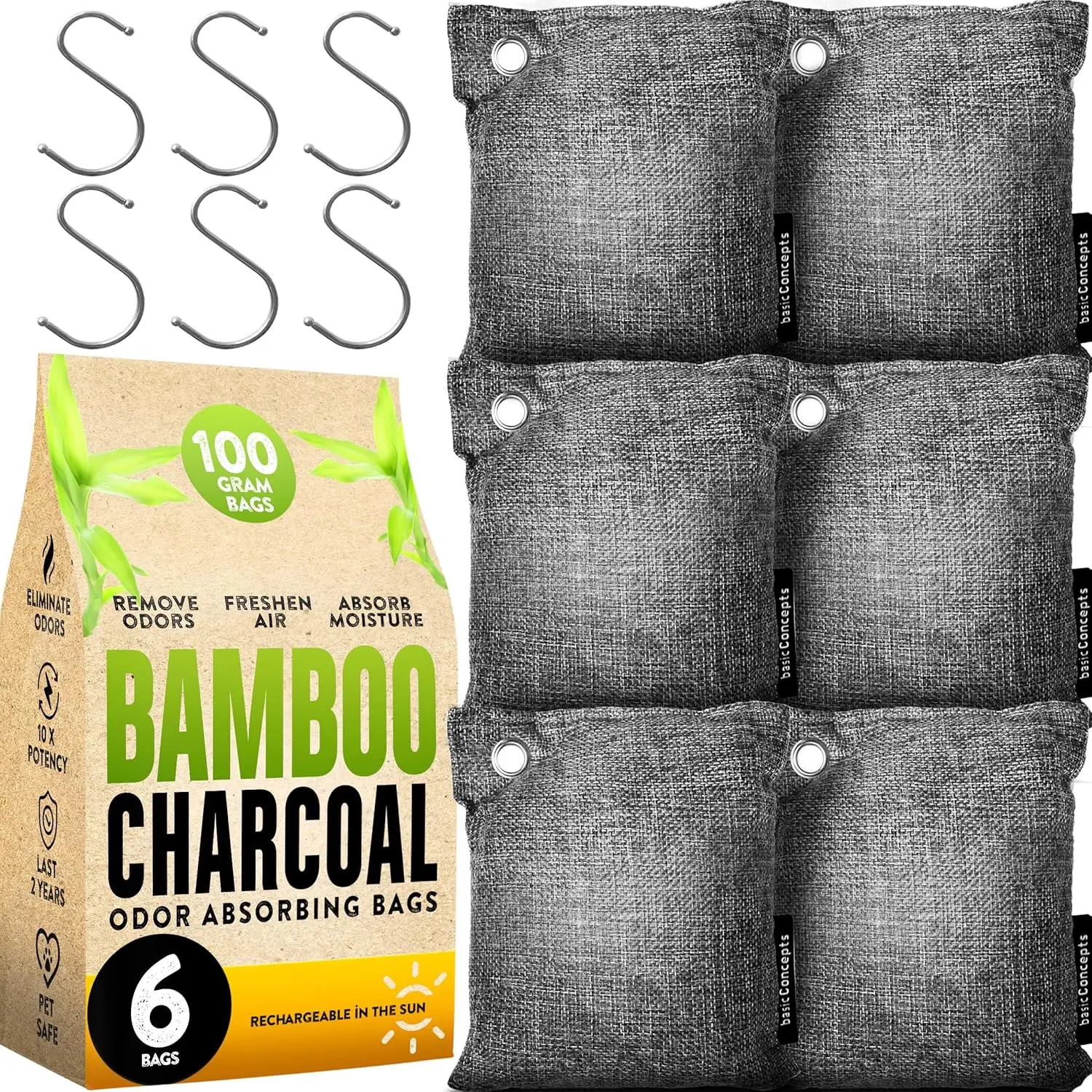 

Charcoal Odor Absorber for Strong Odor (6 Pack, 100g each), Bamboo Charcoal Air Purifying Bag, Basement Musty Odor Eliminator De