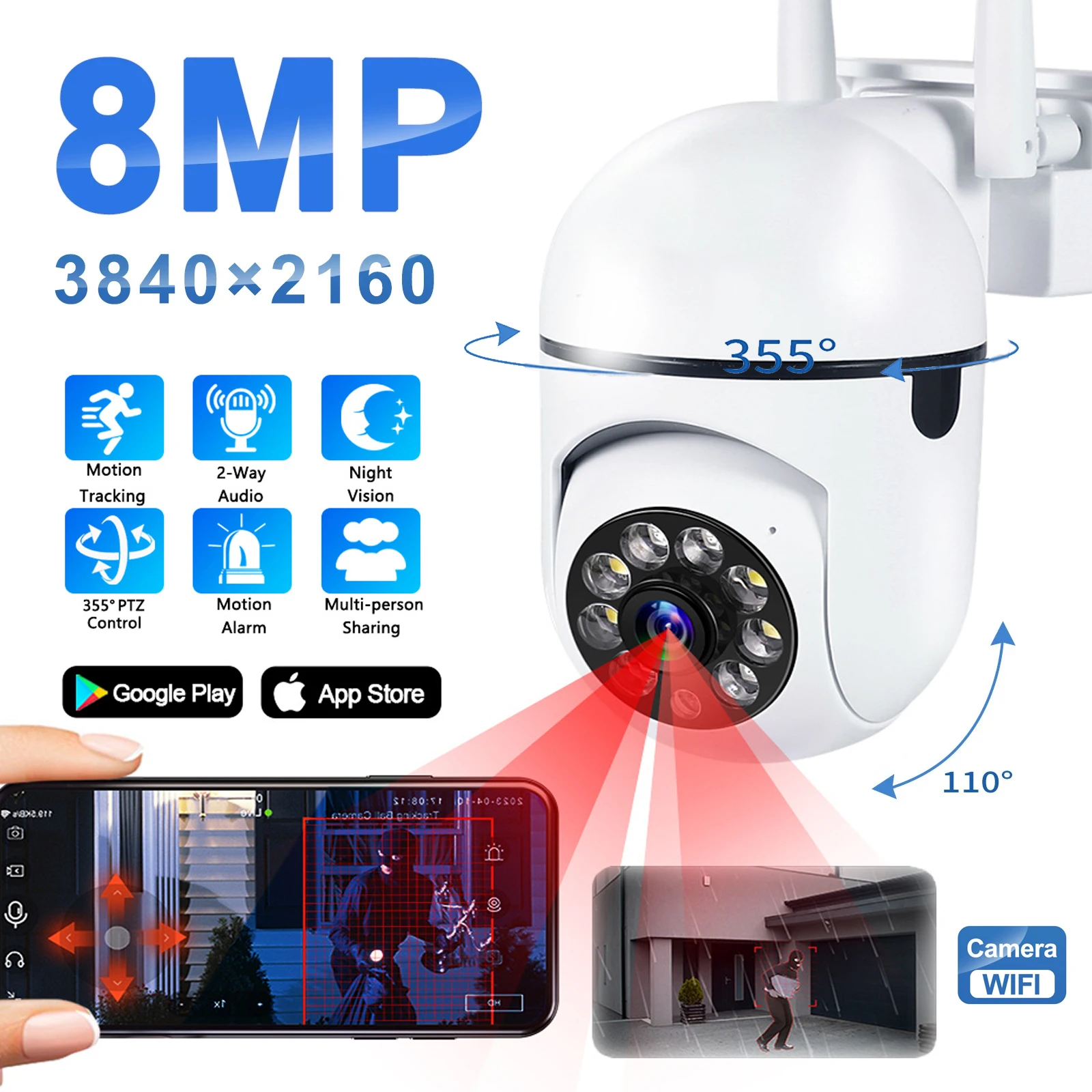 

NEW 8MP WiFi Surveillance Camera 4X Digital Zoom PTZ IP Cameras Auto Tracking Surveillance Two-way Audio HD Night Color Cameras