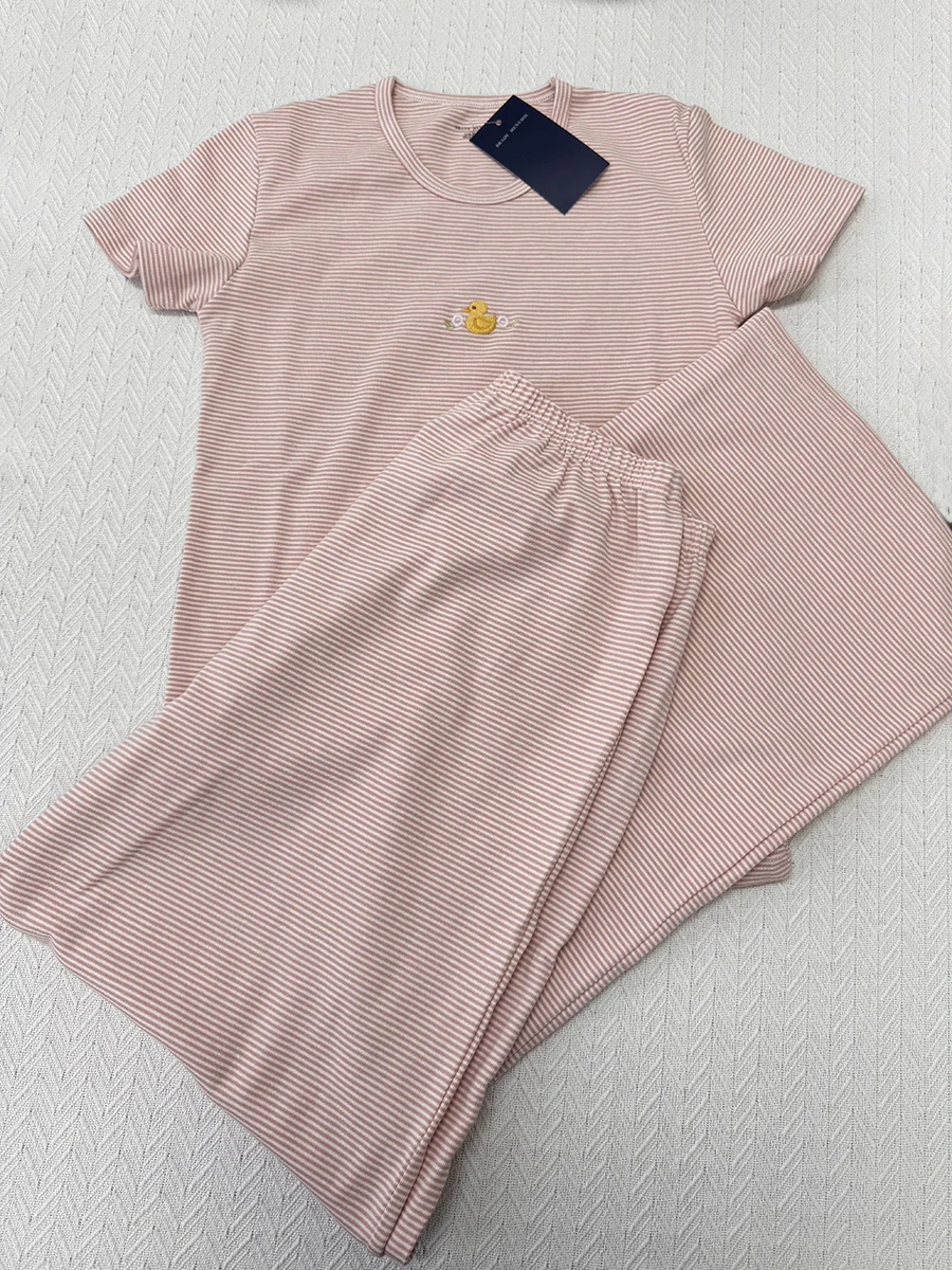 Little Duck Embroidery T-shirt Women Crew Neck Slim Short Sleeve Tee+Pant Sets Home Casual Pink Striped Pajamas 2 Piece Set New