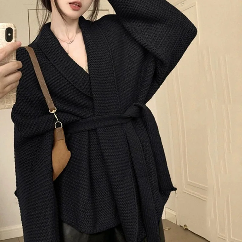 

Coat Woman Autumn Winter Thicken Sweaters French Style Knit Cardigan for Women Elegant Lace Up Belt Open Stitch Long Sweater
