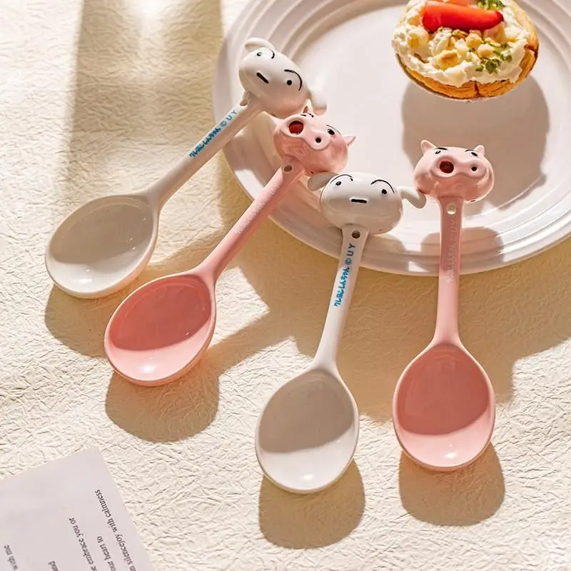 Kawaii Crayon Shin Chan New Anime Ceramic Spoon Cute Cartoon Head Long Handle Spoon Girl Children's Eating Spoon Toys for Kids