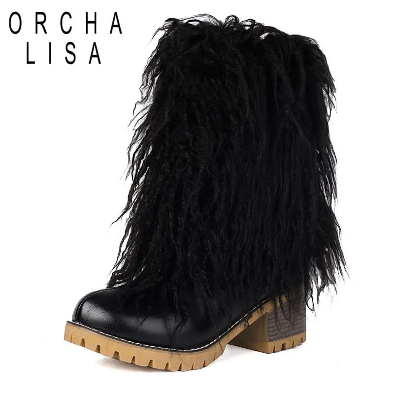 ORCHALISA 2024 New Fashion Furry Boots for Women Round Toe Block Heels 5cm Plus Size 41 42 43 Dating Street Girls Mid Calf Bota