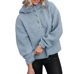 Winter Women Sweater Teddy Fleece Hoodies Half Button Puffy Sherpa Jumper Autumn Warm Streetwear Fluffy Pullover Sweaters