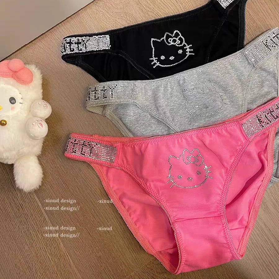 

Sanrio Hello Kitty Panties Rhinestone Side With Sweet And Cool Underwear Pure Cotton Antibacterial Sexy Low Waist Briefs Gifts