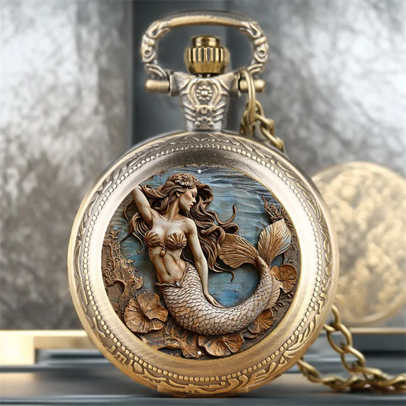 Reloj de bolsillo Vintage fresco sirena elegante reloj exquisito con collar cadena amantes Masculino Relogio mejor regalo colgante pequeño