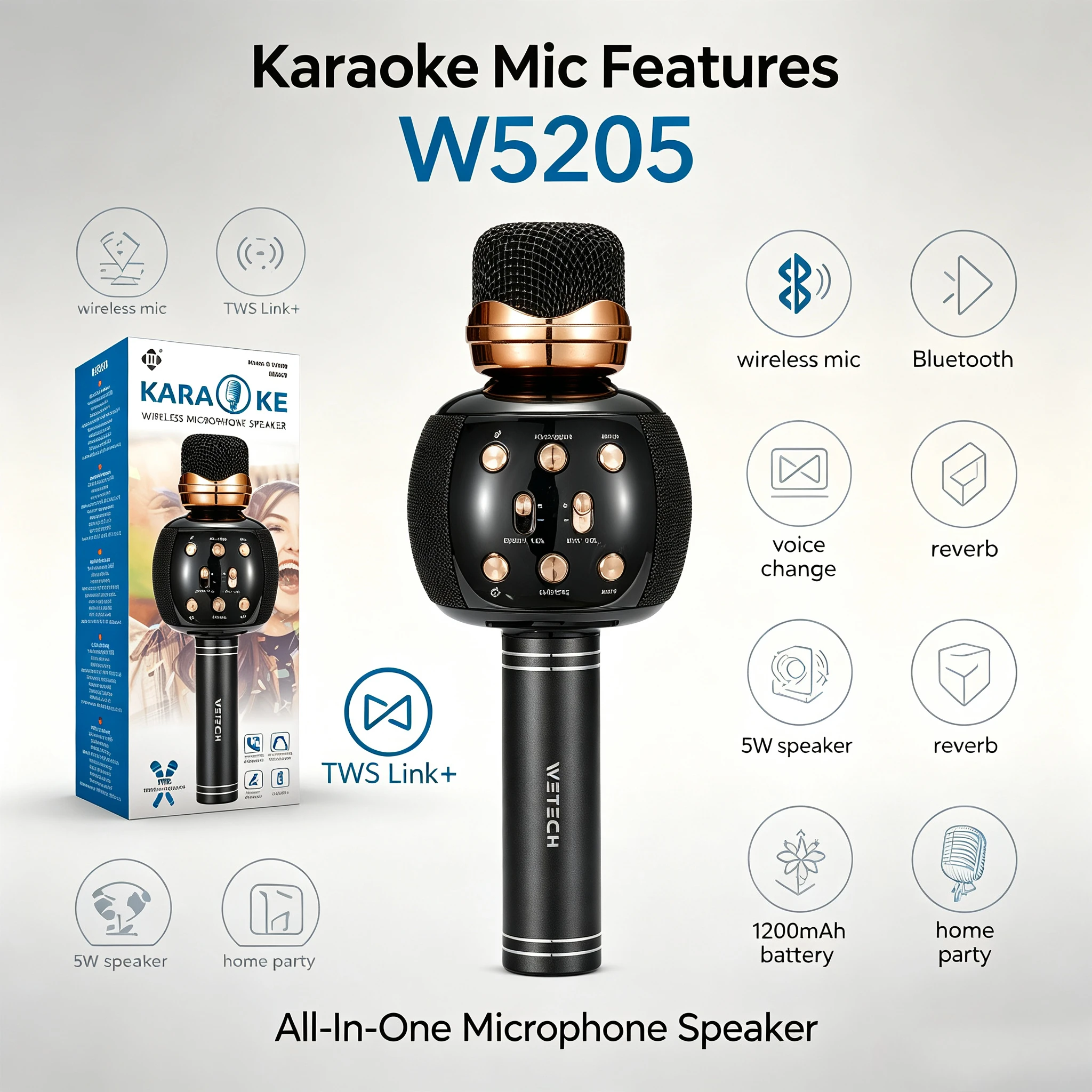 Microfono portatile per karaoke con Bluetooth 5.0, altoparlante integrato, tecnologia TWS, microfono wireless e dispositivo per la modifica della voce, ideale per feste in casa.