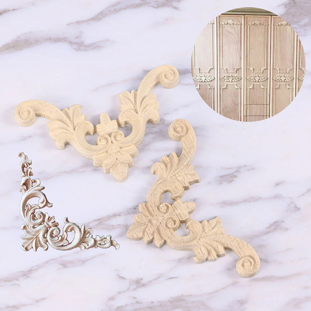 

4 PCS Decoration Decorative Decals Wood Onlay Appliques Cupboard Furniture Woodcarving Beige Carved