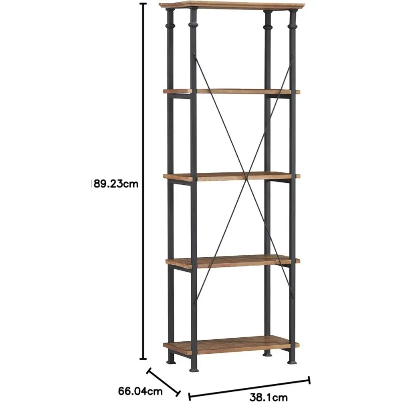 Деревянный и металлический книжный шкаф/книжная полка 4-Teir, прочный, 15 дюймов D x 26 дюймов W x 74,5 дюйма H, деревенский коричневый