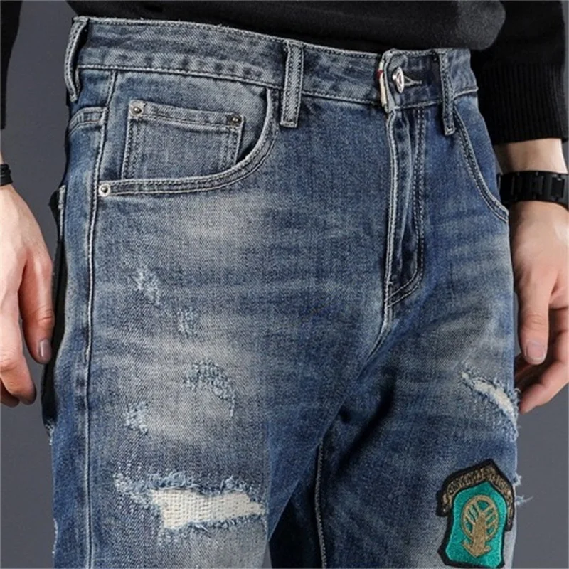 EH · MD Patch Jeans cuciti Tessuto a rete traspirante da uomo Fodera interna Fori raschiati Pantaloni Ricamati Morbido elastico Cat Claw Mark