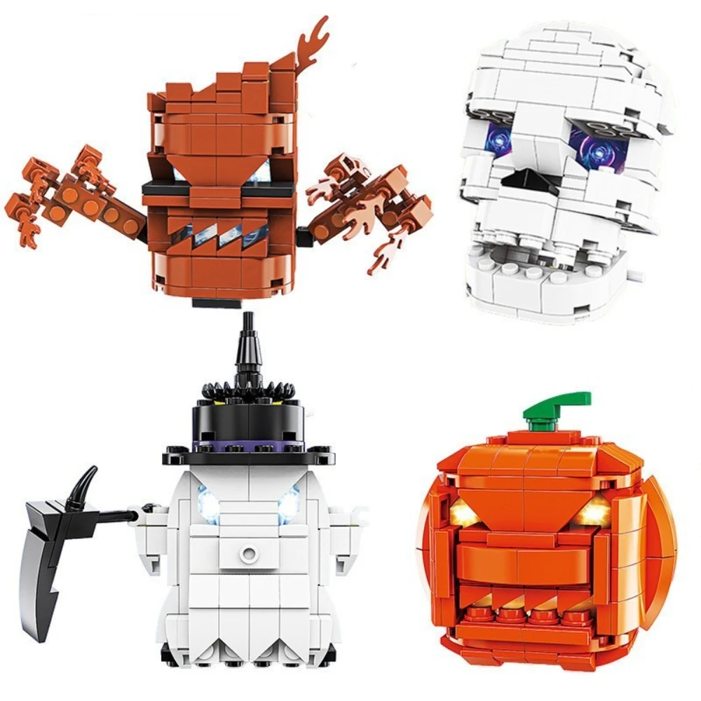 

MOC новый Хэллоуин светящийся тыквенный череп голова серп призрак строительные блоки набор Brickheadz орнамент игрушка для детей праздничный подарок