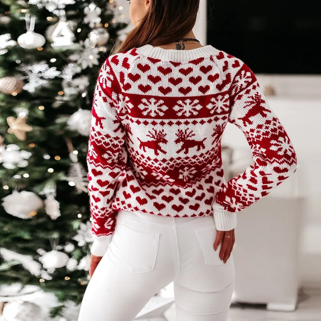 New Winter Christmas Sweater for Women Xmas Moose Print Long Sleeve Y2K Clothes Warm Thicken Jumpers Pullover Tops Knitwear