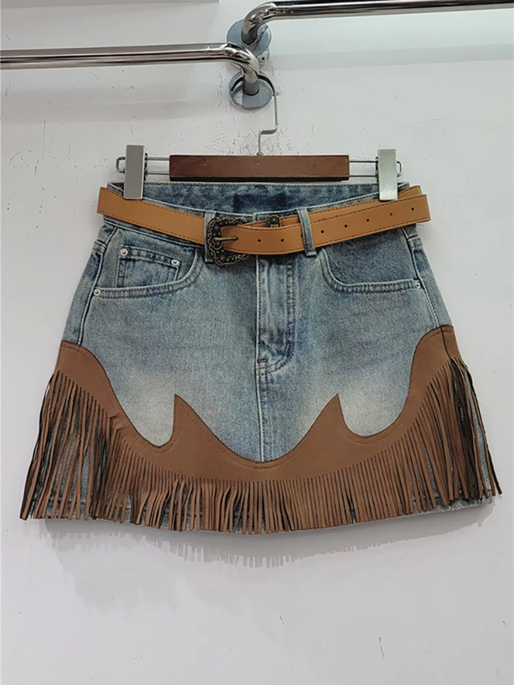 Imagem -06 - Deat-mini Saia Jeans de Cintura Alta Feminina Cor de Contraste Emendado Borla Irregular Linha a Nova Moda Outono 29l1572 2023