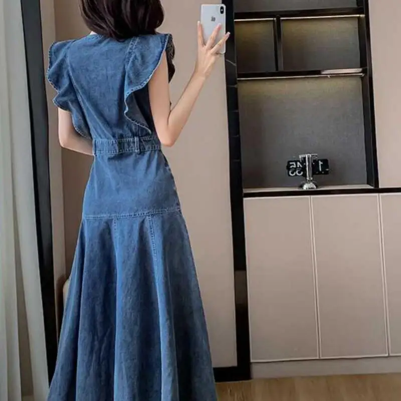Summer New Design Sensation Women's Denim Dr Slim Waist Fi Tail Long Skirt Faionable A-Line Midi Dr without Sves