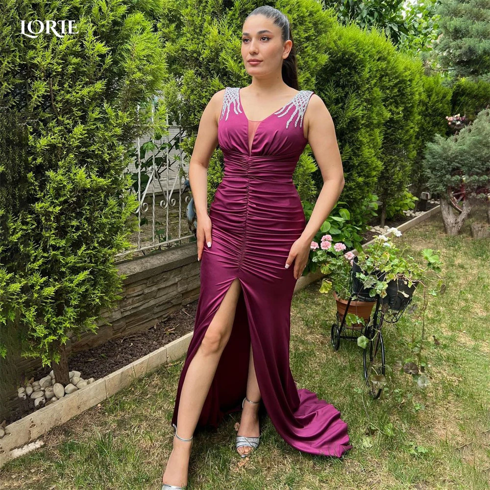 

LORIE Dark Purple Evening Dresses Beadings V-Neck Ruched Dubai Celebrity Gowns Pleats Middle Split Arabia Mermaid Party Dress