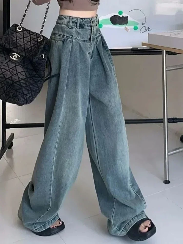 Vaqueros de pierna ancha para mujer, estilo coreano, cintura alta, ropa de calle Vintage elegante, pantalones holgados universitarios sencillos que combinan con todo