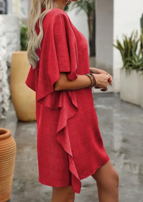 

2026 Summer Women's Solid Color Loose Casual Ruffle Elegant V-Neck Short Sleeved Dress