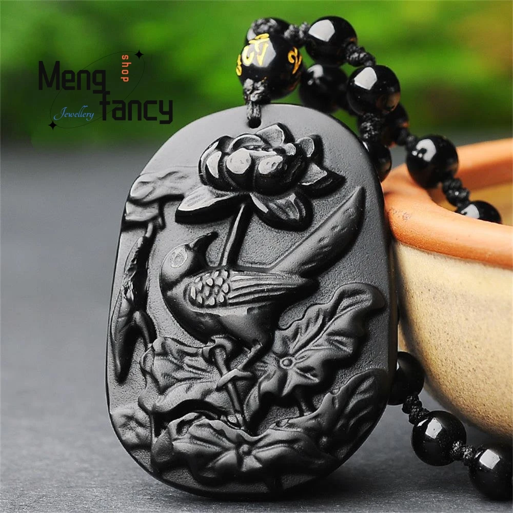 

Black Obsidian Oriole Lotus Pendant Natural Fashion Engraver Fine Jewelry Charms Men Women Amulet Necklace Mascots Holiday Gifts