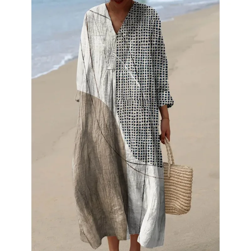 

Colorful V Neck Short Sleeve Loose Vacation Workout Beachwear Dress Robe 2025 Summer Casual Women Floral Print Maxi Dresses