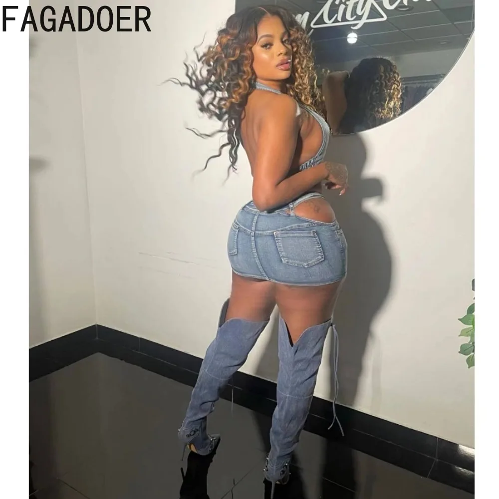 FAGADOER Light Blue Sexy Denim Backless Bodycon Two Piece Sets Women Deep V Sleevless Halter Crop Top+Skirts Outfits Streetwear