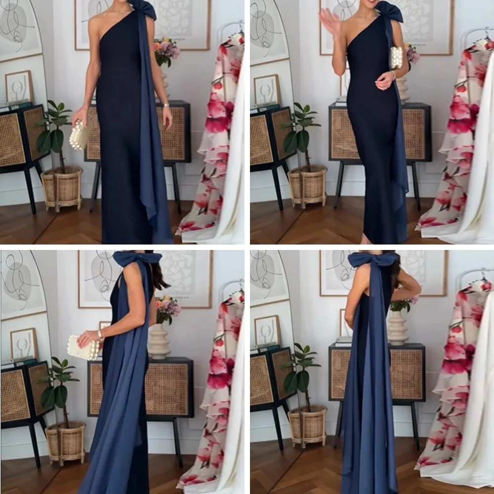 

Sexy Satin One-Shoulder Dress with Bow, Elegant Sleeveless Maxi Dress for Evening Party 2026