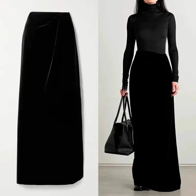 Women\'s Vintage Slim Half Skirt Th* R0w 23 Autumn Winter Velvet Long Half Skirt Black Niche Half Skirt  Korean Style Y2k Skirts