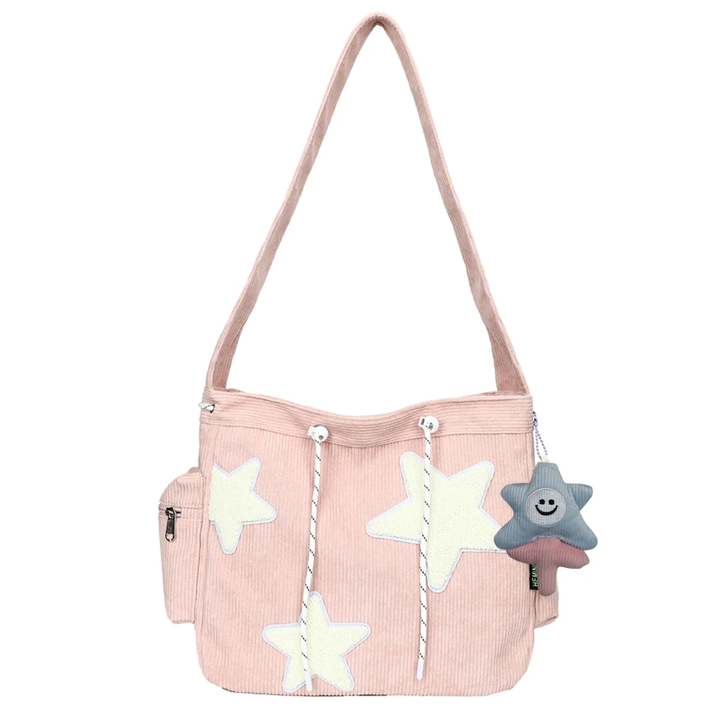 

Women Cute Crossbody Bag with Pendant Shoulder Bag Large Capacity Corduroy Star Applique Leisure Travel Outdoor Bag