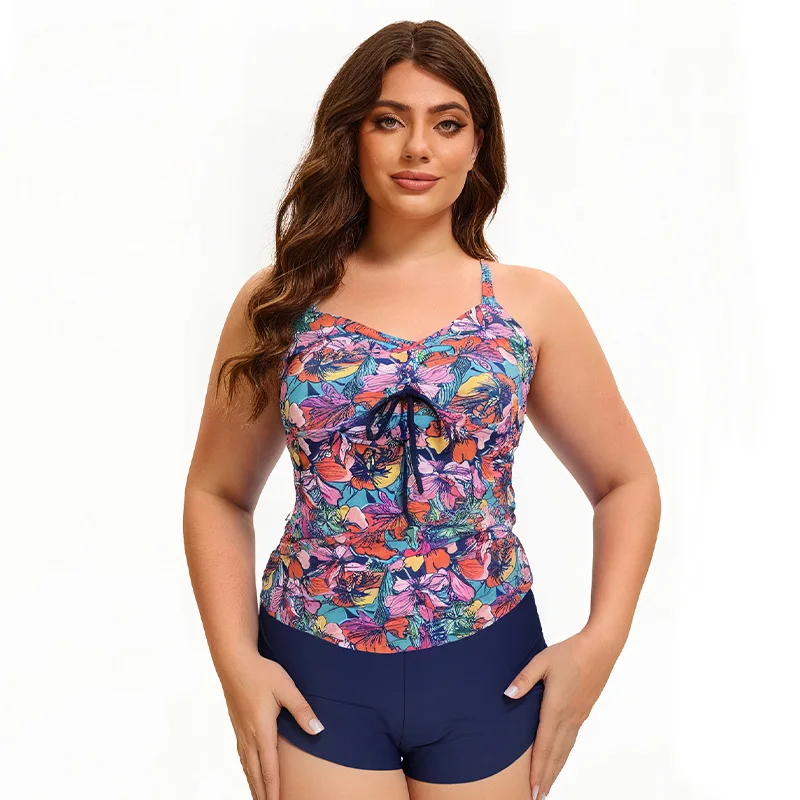 

2026 Floral Printed Tankini Set Two Piece Swimsuit Short Women Drawstring Swimwear Female Bathing Suit Beachwear Swimming Summer