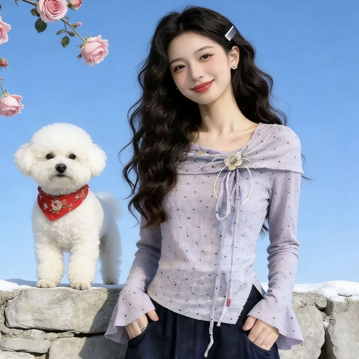 

Unique Purple Bell Sleeve Long Sleeve T Shirt Women's Spring Design Polka Dot Shoulder Bared Korean Style Top Age Defying