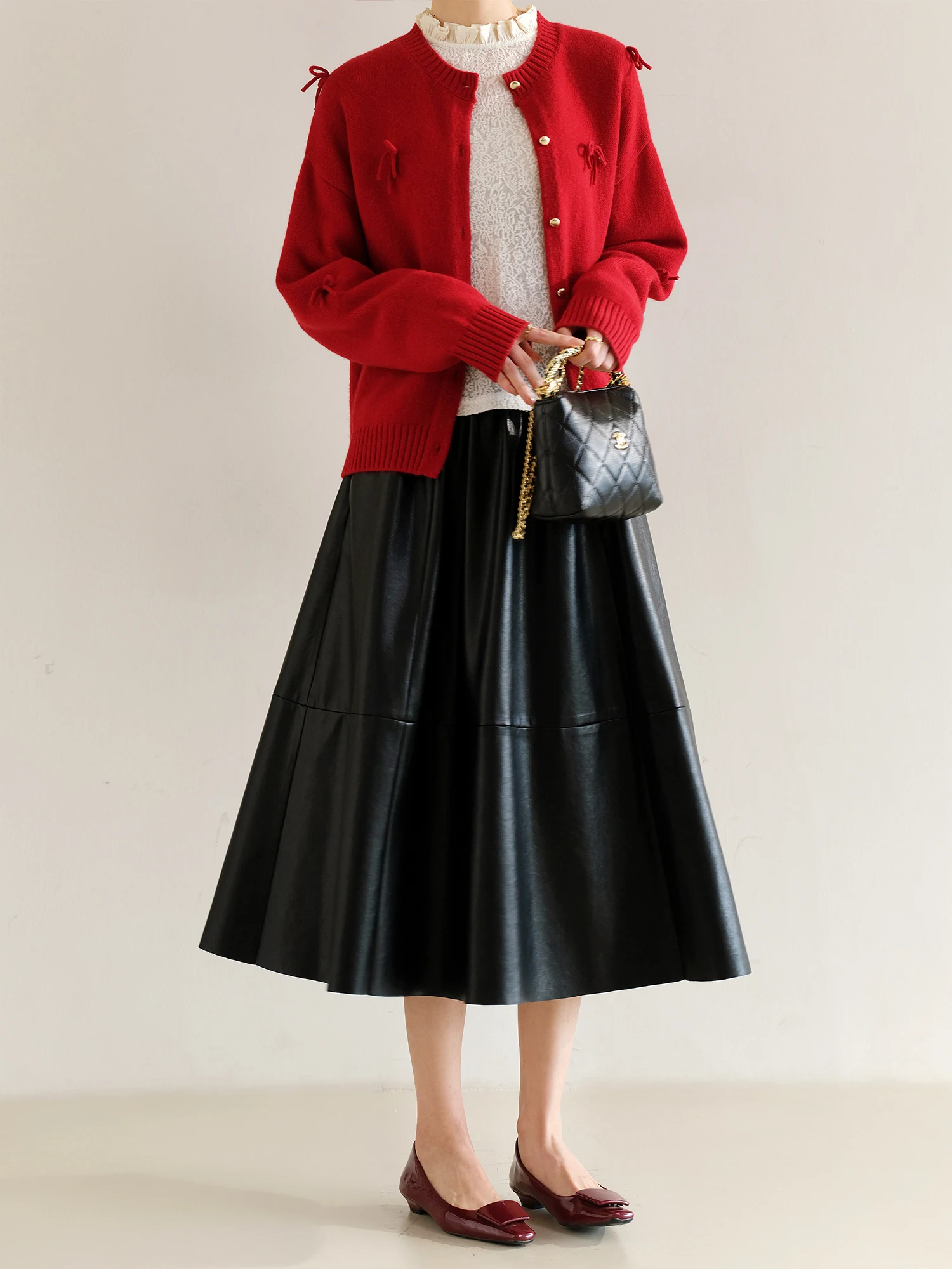 친환경 플리스 안감 하이웨이스트 우산형 스커트 프리미엄 아일랜드 실크 고급 미니멀리스트 디자인 여성용