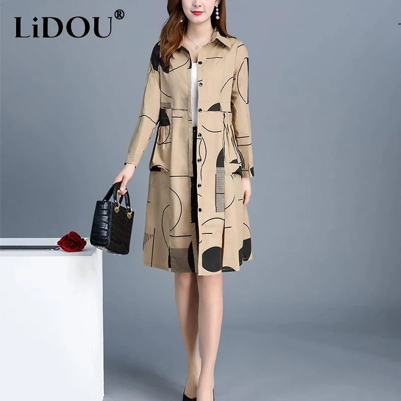 Spring Autumn Polo-neck Fashion Print Loose Casual Trench Lady Long Sleeve Elegant All-match Cardigan Coat Women Bottons Jacket