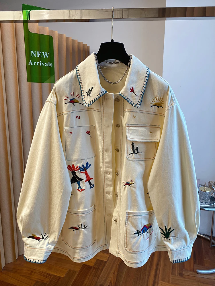 High-End Katoen Linnen Geborduurd Denim Jaet Dames Losse Sle Lente 2025, Nieuwe Collectie Casual Comfortabele Button-Up Top