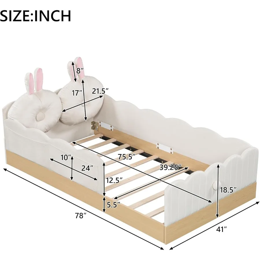 Lovely twin size upholstered platform bed frame with soft pillows and storage bags featuring a cute rabbit ear shaped headboard