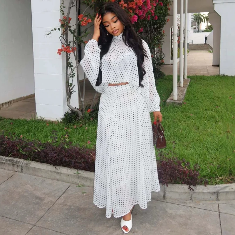 New African Fashion Women Two Piece Set Dot Printed Loose Blouse Top And Skirts Set image 2