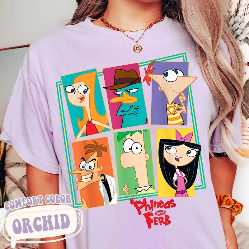 تي شيرت Disney Phineas and Ferb Collage، تي شيرت Platypus Perry طوال الموسم كاجوال وعصري للجنسين من القطن الخالص ملابس الشارع