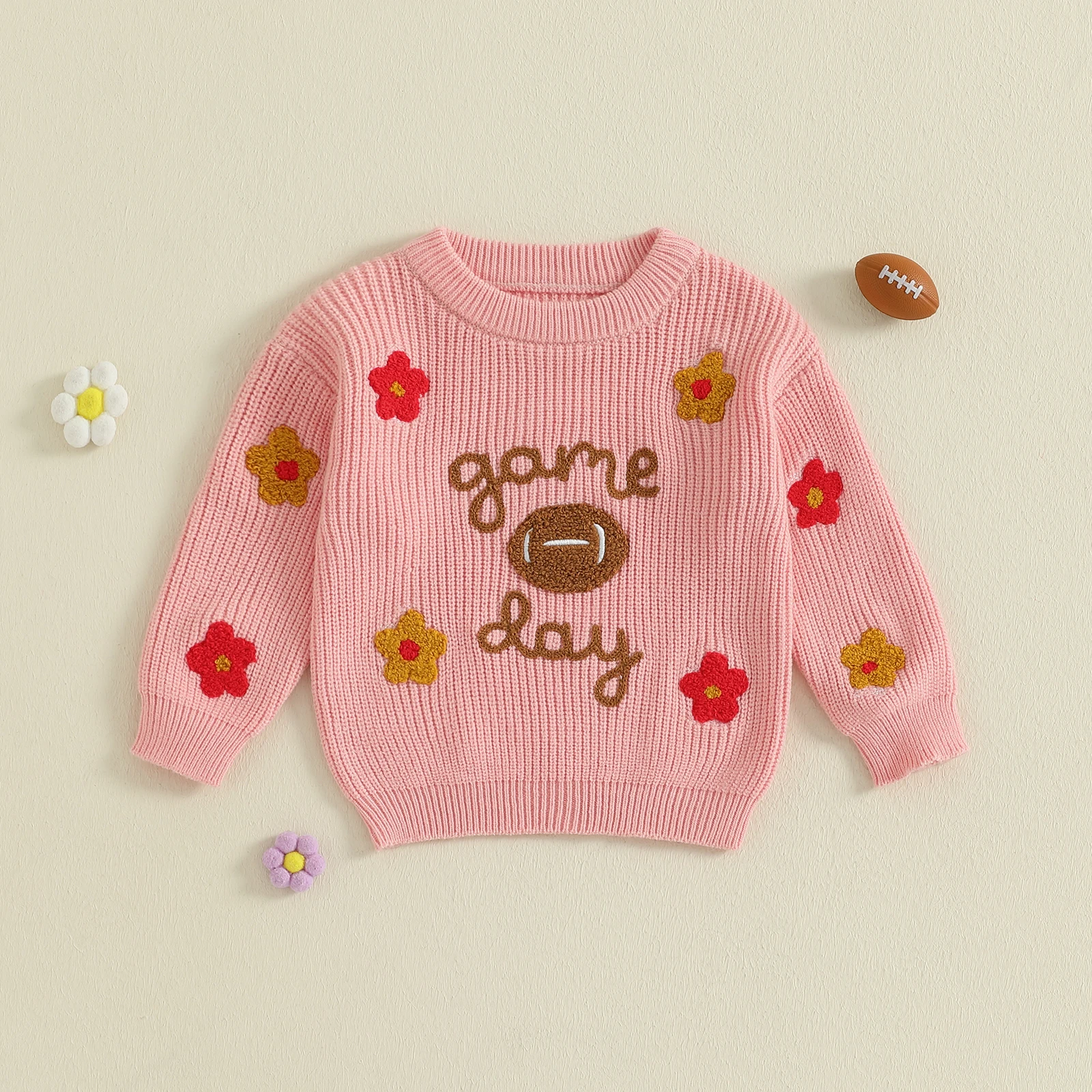 

0-3 Years Toddler Girl Fall Sweater Football Flower Embroidered Crewneck Long Sleeve Pullover Chunky Knit Tops