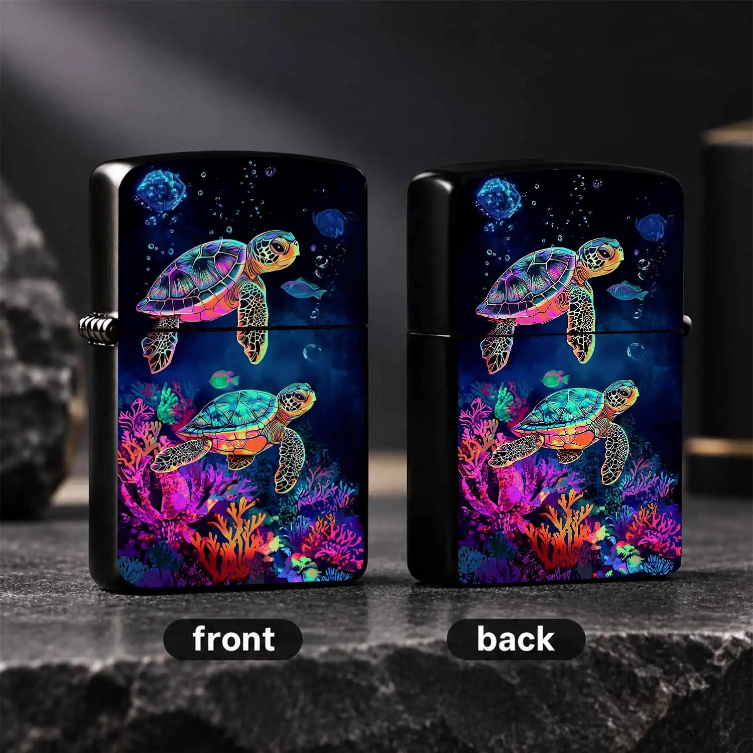 Neon Psychedelic Sea Turtle Lighter Vibrant Coral Reef Underwater Pattern Portable Decorative Accessory For Daily Use Outdoor Camping Hanging Display Ideal Unique Gift For Ocean Art Lovers Family Friends A Humorous And Interesting Lighter