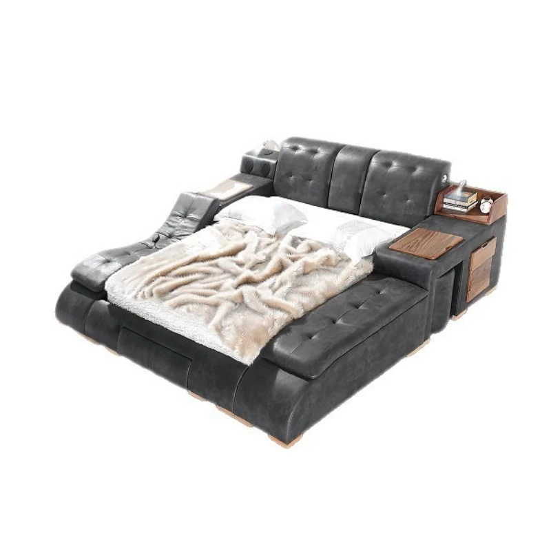 

Nordic cowhide bed with storage Modern minimalist bedroom Double queen bed