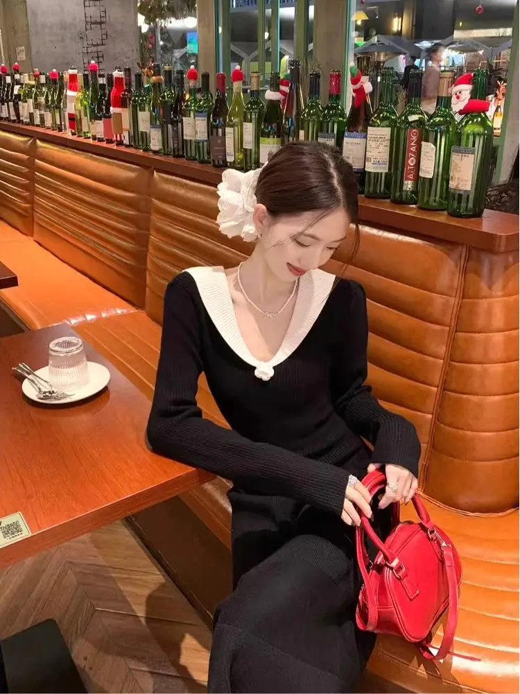 French 3D Floral Black Knit Tea Dress Women V-neck Slim A-line Maxi Dress Winter Bottoming Wear Dress For Layering With Coat
