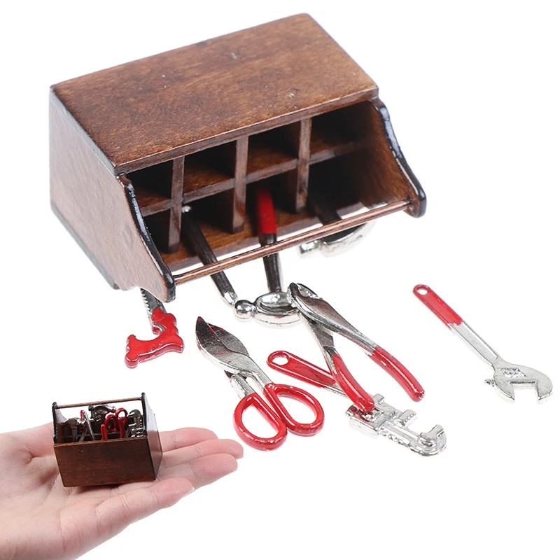 1:12 Scale Dollhouse Miniature Wooden Box Metal Hand Tools Set For Dolls toy