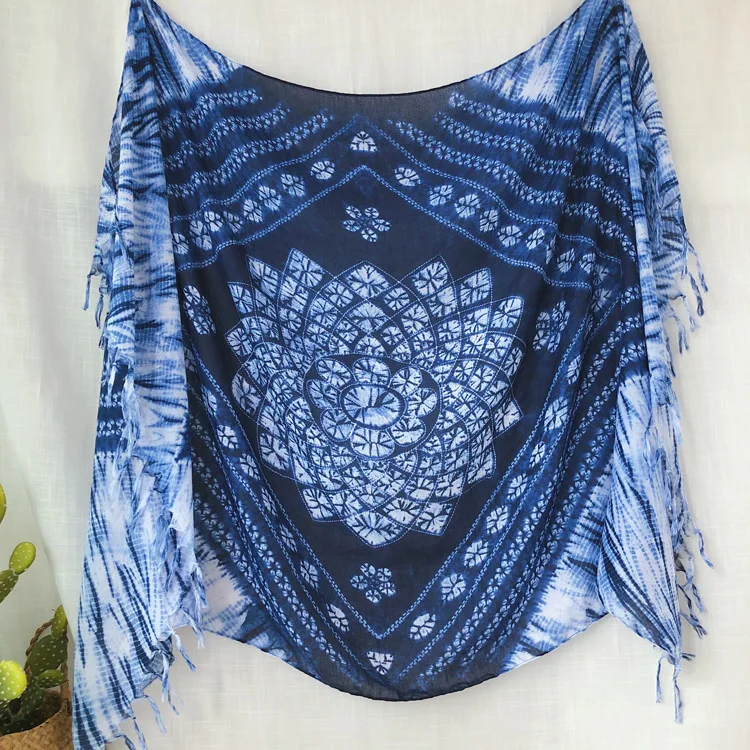 

90*180Cm Blue Cotton Scarf Tie-Dye Shawl and Wraps Women Fashion Plaid Scarves Ethnic Style Tassel Bandana Hijabs Echarpes