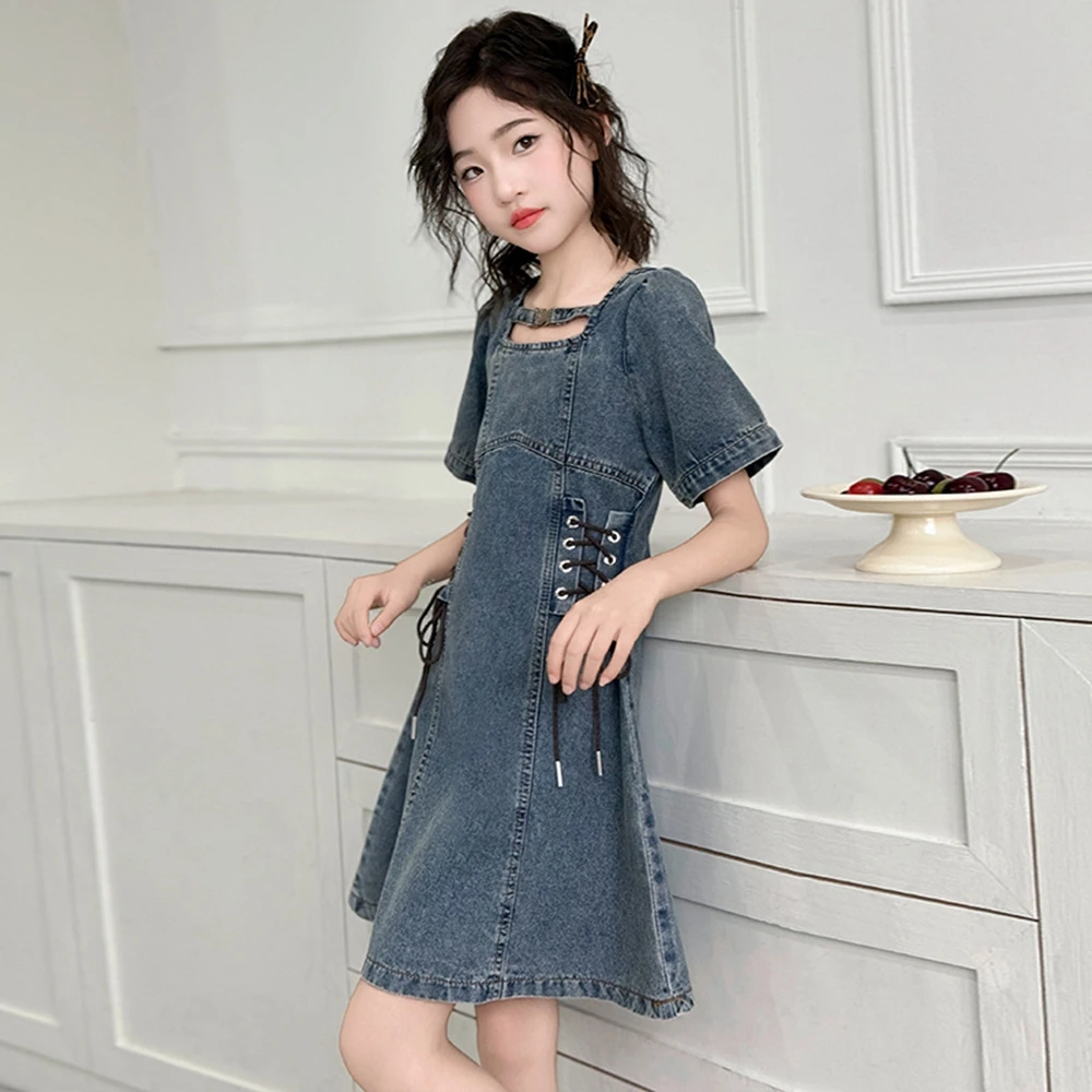 

Street Style Girls Square Collar Denim Dress Tops for Kids High Fashion Elastic Waist Jeans Dress Child Casual Summer Streetwear