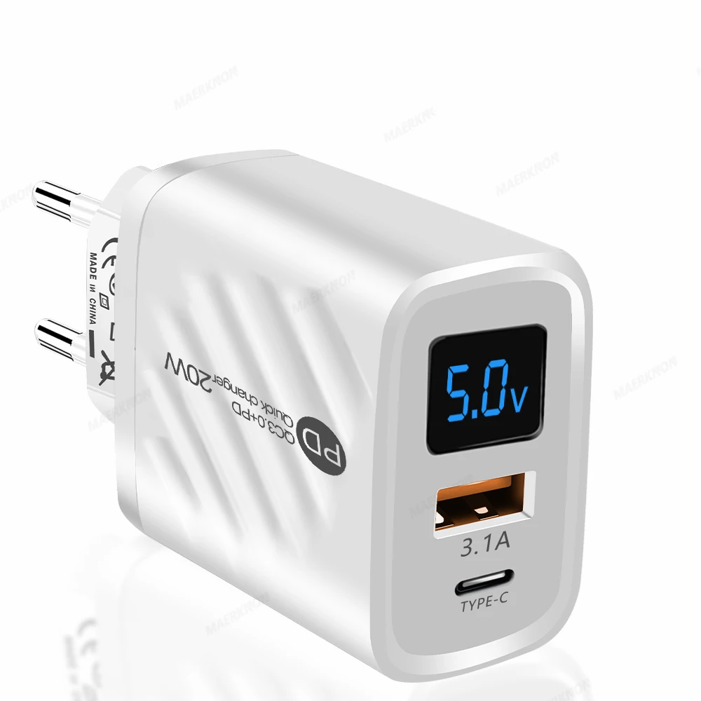 Ładowarka USB typu C o mocy 20W z szybkim ładowaniem PD i wyświetlaczem cyfrowym, adapter do ładowania telefonów iPhone, Samsung, Xiaomi, szybka ładowarka ścienna. — 2