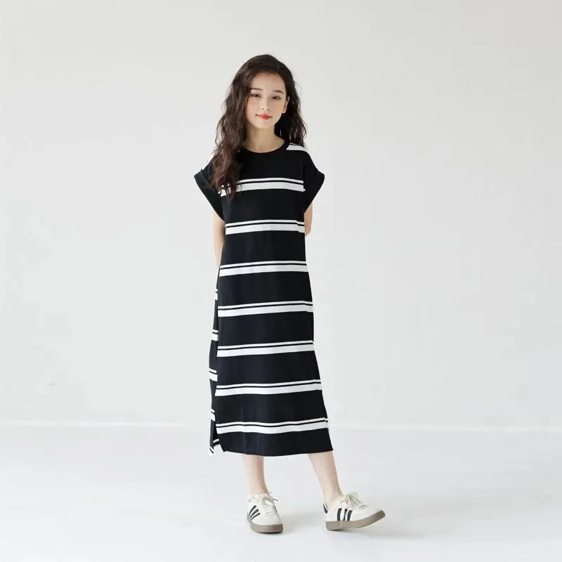 

Summer girls' dress children's long casual round neck short sleeved T-shirt striped slit dress
